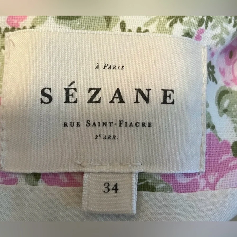 Sézane Claude Jumpsuit Wide Legs Balloon Sleeves Linen/Cotton Pink Green Size 2